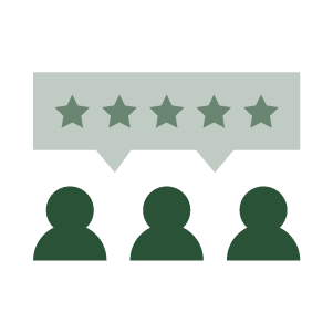 Three people with five-star rating bubble icon