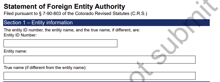 A snapshot of the Statement of Foreign Entity Authority form, showing the "Entity Name" and "True Name" sections of the form.